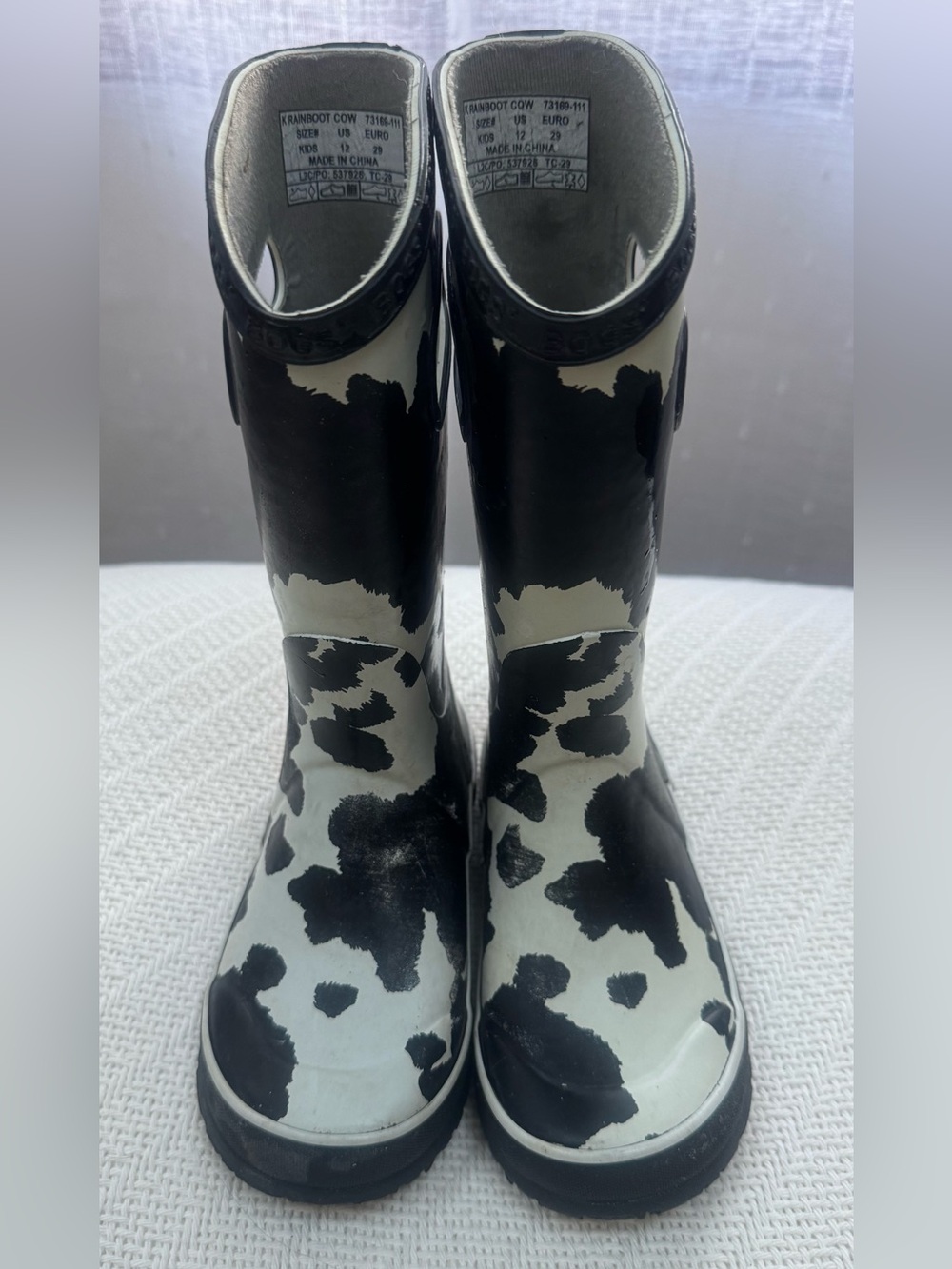 Bogs Kids Sz 12 Black and White Cow Print Rain Boots